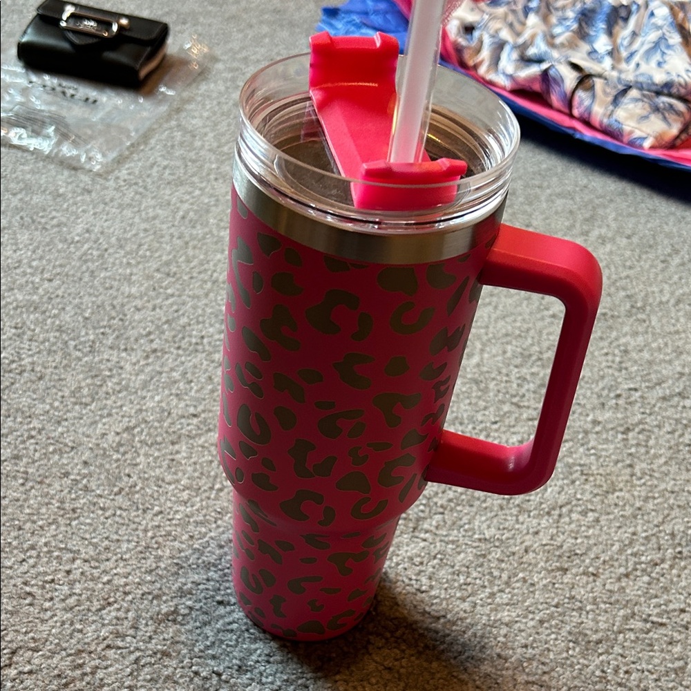 Pink Leopard Print Travel Tumbler with Handle